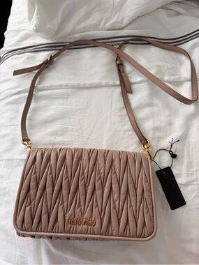 Miu Miu Quilted Matelassé Crossbody Bag in Dusty Rose with Gold Hardware